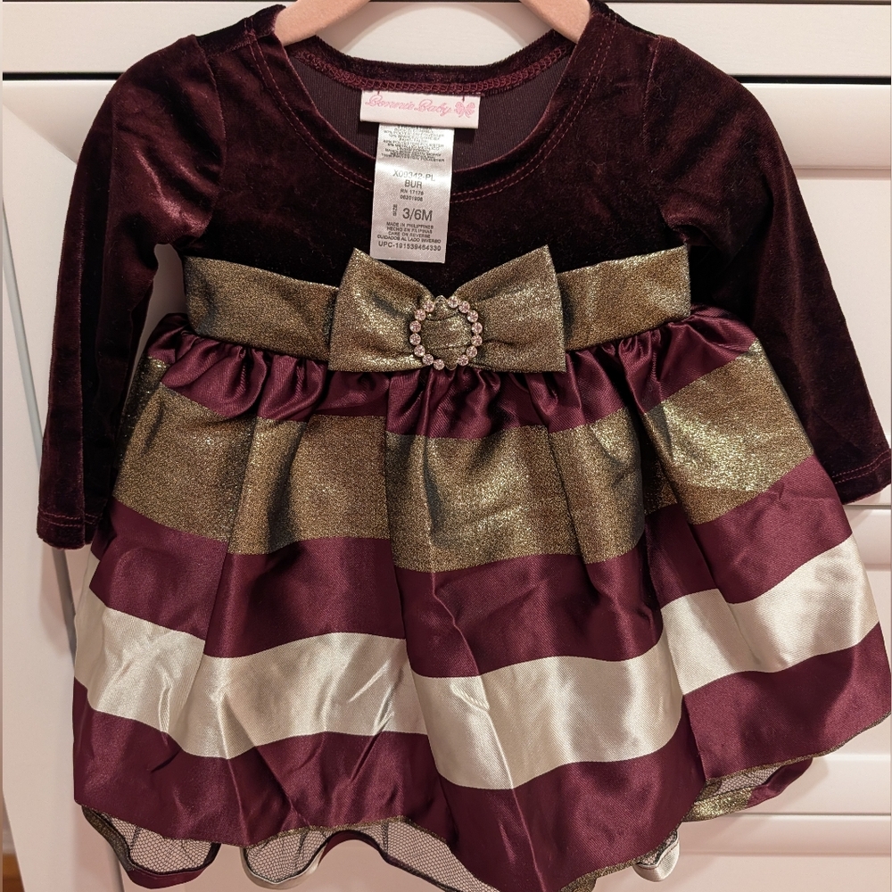 Bonnie Baby Burgundy and Gold Striped Baby Dress 3-6m